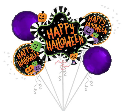 Halloween pumpkin balloon arrangement with purple balloons