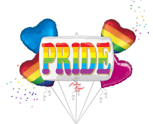 PRIDE banner balloon with rainbow heart balloons