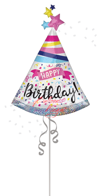 Large Happy Birthday party hat shaped balloon with stars and confetti for NYC delivery