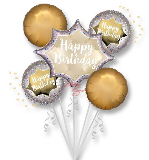 Satin gold Happy Birthday balloon bouquet with starburst design for NYC celebrations