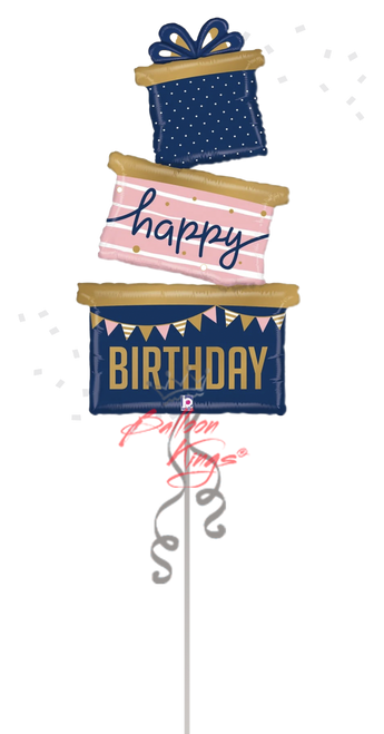 Large Happy Birthday navy stacked gift trio foil balloon for NYC birthday delivery