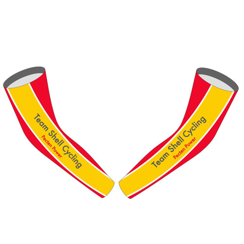 custom cycling arm sleeves warmers for the shell cycling team and bike riding club left and right arms out
