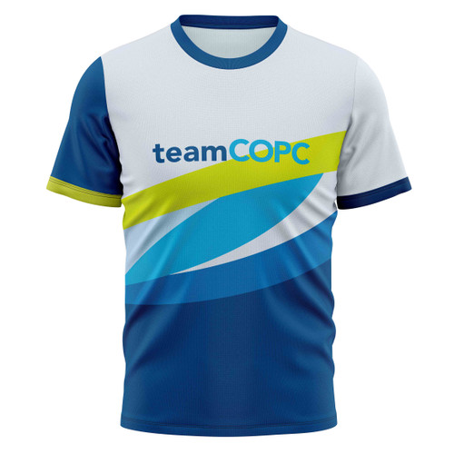 custom men's short sleeve performance tech shirt for the teamCOPC central ohio primary care Pelotonia bike team front view