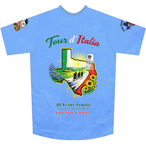 custom men's short sleeve performance tech shirt for the tour d'italia bike ride front view