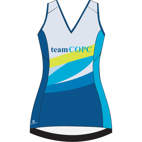 custom cycling jersey women's t-back racerback tank for the central ohio primary care team COPC Pelotonia bike team front view