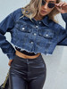 Distressed Raw Hem Collared Neck Long Sleeve Denim Top