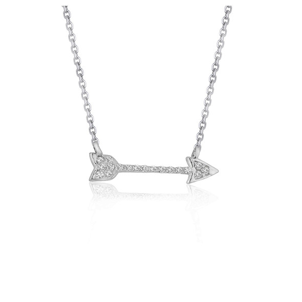<html><head></head><body><p>Exuding,  allure,  and whimsey this diamond necklace showcase an arrow pendant and a 16 inches cable chain. Secured with a lobster lock and made of 14k white gold.</p><div></div><div><div><div><table><h5>Product Specifications:</h5><tbody><tr><td> Metal </td><td> White Gold </td></tr><tr><td> Metal Stamp</td><td> 14K </td></tr><tr><td> Setting Type </td><td> Prong </td></tr><tr><td> Width </td><td> 0.74 in </td></tr><tr><td> Mincttw </td><td> 0.09 (Diamond) </td></tr><tr><td> Number Of Diamonds </td><td> 18 (Diamond) </td></tr><tr><td> Shape </td><td> Round (Diamond) </td></tr><tr><td> Average Color </td><td> I (Diamond) </td></tr><tr><td> Average Clarity </td><td> I1 (Diamond) </td></tr><tr><td> Length </td><td> 0.17 in </td></tr><tr><td> Chain Type </td><td> Cable </td></tr><tr><td> Clasp </td><td> Lobster Clasp </td></tr></tbody></table></div></div></div></body></html>