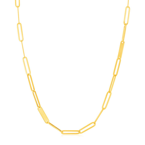 <html><head></head><body><p>Shiny gold bars beautifully punctuate this stunning chain of 14k yellow gold paperclip chain links. Necklace is 18 inches long.</p><div></div><div><div><div><table><h5>Product Specifications:</h5><tbody><tr><td> Metal </td><td> Yellow Gold </td></tr><tr><td> Metal Stamp</td><td> 14K </td></tr><tr><td> Style Name </td><td> Fancy </td></tr><tr><td> Chain Type </td><td> Link </td></tr><tr><td> Clasp </td><td> Lobster Clasp </td></tr><tr><td> Approximate Weight </td><td> 4.4 gram(s) </td></tr></tbody></table></div></div></div></body></html> <html><head></head><body><p>Shiny gold bars beautifully punctuate this stunning chain of 14k yellow gold paperclip chain links. Necklace is 18 inches long.</p><div></div><div><div><div><table><h5>Product Specifications:</h5><tbody><tr><td> Metal </td><td> Yellow Gold </td></tr><tr><td> Metal Stamp</td><td> 14K </td></tr><tr><td> Style Name </td><td> Fancy </td></tr><tr><td> Chain Type </td><td> Link </td></tr><tr><td> Clasp </td><td> Lobster Clasp </td></tr><tr><td> Approximate Weight </td><td> 4.4 gram(s) </td></tr></tbody></table></div></div></div></body></html>