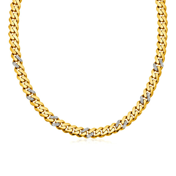 <html><head></head><body><p>Sparkling diamonds dance among classic polished 14k yellow gold links in this bold, luxurious necklace. Necklace is 18 inches long, 9.5mm wide, and closes with a box clasp. Total weight of diamonds is 1.18ct.</p><div></div><div><div><div><table><h5>Product Specifications:</h5><tbody><tr><td> Metal </td><td> Yellow Gold </td></tr><tr><td> Metal Stamp</td><td> 14K </td></tr><tr><td> Style Name </td><td> Fancy </td></tr><tr><td> Setting Type </td><td> Prong </td></tr><tr><td> Width </td><td> 0.37 in </td></tr><tr><td> Mincttw </td><td> 1.18 (Diamond) </td></tr><tr><td> Shape </td><td> Round (Diamond) </td></tr><tr><td> Average Color </td><td> J (Diamond) </td></tr><tr><td> Average Clarity </td><td> I2 (Diamond) </td></tr><tr><td> Chain Type </td><td> Curb </td></tr><tr><td> Clasp </td><td> Box Clasp </td></tr><tr><td> Approximate Weight </td><td> 27.1 gram(s) </td></tr></tbody></table></div></div></div></body></html> <html><head></head><body><p>Sparkling diamonds dance among classic polished 14k yellow gold links in this bold, luxurious necklace. Necklace is 18 inches long, 9.5mm wide, and closes with a box clasp. Total weight of diamonds is 1.18ct.</p><div></div><div><div><div><table><h5>Product Specifications:</h5><tbody><tr><td> Metal </td><td> Yellow Gold </td></tr><tr><td> Metal Stamp</td><td> 14K </td></tr><tr><td> Style Name </td><td> Fancy </td></tr><tr><td> Setting Type </td><td> Prong </td></tr><tr><td> Width </td><td> 0.37 in </td></tr><tr><td> Mincttw </td><td> 1.18 (Diamond) </td></tr><tr><td> Shape </td><td> Round (Diamond) </td></tr><tr><td> Average Color </td><td> J (Diamond) </td></tr><tr><td> Average Clarity </td><td> I2 (Diamond) </td></tr><tr><td> Chain Type </td><td> Curb </td></tr><tr><td> Clasp </td><td> Box Clasp </td></tr><tr><td> Approximate Weight </td><td> 27.1 gram(s) </td></tr></tbody></table></div></div></div></body></html>