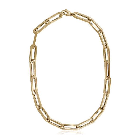 <html><head></head><body><p>Make a statement with this exquisite 14k yellow gold necklace of boldly polished links of paperclip chain. Necklace is 18 inches long, 9.8mm wide, and closes with a lobster clasp.</p><div></div><div><div><div><table><h5>Product Specifications:</h5><tbody><tr><td> Metal </td><td> Yellow Gold </td></tr><tr><td> Metal Stamp</td><td> 14K </td></tr><tr><td> Style Name </td><td> Fancy </td></tr><tr><td> Chain Type </td><td> Link </td></tr><tr><td> Clasp </td><td> Lobster Clasp </td></tr><tr><td> Approximate Weight </td><td> 18.9 gram(s) </td></tr></tbody></table></div></div></div></body></html> <html><head></head><body><p>Make a statement with this exquisite 14k yellow gold necklace of boldly polished links of paperclip chain. Necklace is 18 inches long, 9.8mm wide, and closes with a lobster clasp.</p><div></div><div><div><div><table><h5>Product Specifications:</h5><tbody><tr><td> Metal </td><td> Yellow Gold </td></tr><tr><td> Metal Stamp</td><td> 14K </td></tr><tr><td> Style Name </td><td> Fancy </td></tr><tr><td> Chain Type </td><td> Link </td></tr><tr><td> Clasp </td><td> Lobster Clasp </td></tr><tr><td> Approximate Weight </td><td> 18.9 gram(s) </td></tr></tbody></table></div></div></div></body></html>