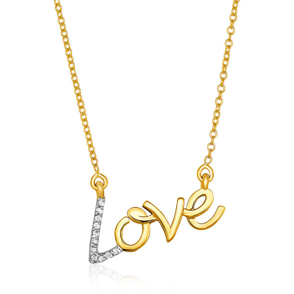 <html><head></head><body><p>Carry love with you always,  in gold and diamonds. Necklace is 18 inches long and closes with a lobster clasp.</p><div></div><div><div><div><table><h5>Product Specifications:</h5><tbody><tr><td> Metal </td><td> Yellow Gold </td></tr><tr><td> Metal Stamp</td><td> 14K </td></tr><tr><td> Style Name </td><td> Fancy </td></tr><tr><td> Setting Type </td><td> Prong </td></tr><tr><td> Mincttw </td><td> 0.07 (Diamond) </td></tr><tr><td> Shape </td><td> Round (Diamond) </td></tr><tr><td> Average Color </td><td> I (Diamond) </td></tr><tr><td> Average Clarity </td><td> I2 (Diamond) </td></tr><tr><td> Chain Type </td><td> Cable </td></tr><tr><td> Clasp </td><td> Lobster Clasp </td></tr></tbody></table></div></div></div></body></html>