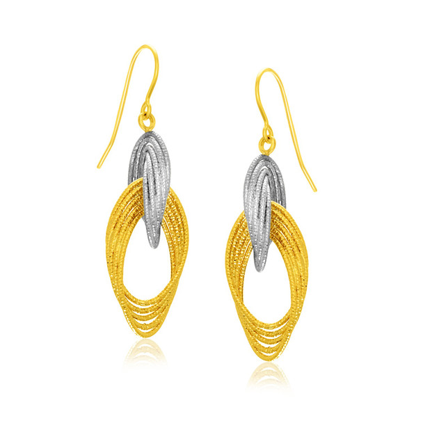<html><head></head><body><p>Multiple rows of textured sections are delicately interlaced in these color-block dangling earrings. Made of 14k white and yellow gold,  these come with french wires.</p><div></div><div><div><div><table><h5>Product Specifications:</h5><tbody><tr><td> Metal </td><td> Two-Tone Gold </td></tr><tr><td> Metal Stamp</td><td> 14K </td></tr><tr><td> Style Name </td><td> Dangling </td></tr><tr><td> Width </td><td> 0.50 in </td></tr><tr><td> Backing </td><td> French Wire </td></tr><tr><td> Length </td><td> 1.75 in </td></tr><tr><td> Approximate Weight </td><td> 2.2 gram(s) </td></tr></tbody></table></div></div></div></body></html>