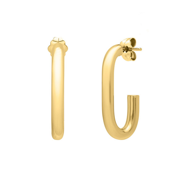<html><head></head><body><p>A true fashion focal point, these 14k yellow gold paperclip hoop earrings in polished yellow gold are a style-defining accessory. Featuring a sleek J-tube design and a secure push-back clasp, they exude a contemporary edge and effortless sophistication, making these hoops the perfect finishing touch.</p><div></div><div><div><div><table><h5>Product Specifications:</h5><tbody><tr><td> Metal </td><td> Yellow Gold </td></tr><tr><td> Metal Stamp</td><td> 14K </td></tr><tr><td> Style Name </td><td> Hoops, </td></tr><tr><td> Width </td><td> 12.00 mm </td></tr><tr><td> Backing </td><td> Push Back </td></tr><tr><td> Diameter </td><td> 27.00 mm </td></tr><tr><td> Approximate Weight </td><td> 3.2 gram(s) </td></tr></tbody></table></div></div></div></body></html>