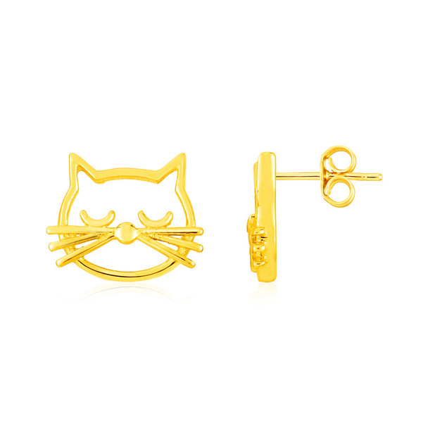 <html><head></head><body><p>Wear the likeness of your favorite feline friend always when you adorn these sweet, shiny 14K yellow gold earrings. Post earrings measure 9.5x7.7mm and are held in place by pushback clasps.</p><div></div><div><div><div><table><h5>Product Specifications:</h5><tbody><tr><td> Metal </td><td> Yellow Gold </td></tr><tr><td> Metal Stamp</td><td> 14K </td></tr><tr><td> Style Name </td><td> Fancy </td></tr><tr><td> Width </td><td> 0.30 in </td></tr><tr><td> Backing </td><td> Push Back </td></tr><tr><td> Length </td><td> 0.37 in </td></tr><tr><td> Approximate Weight </td><td> 1.1 gram(s) </td></tr></tbody></table></div></div></div></body></html>