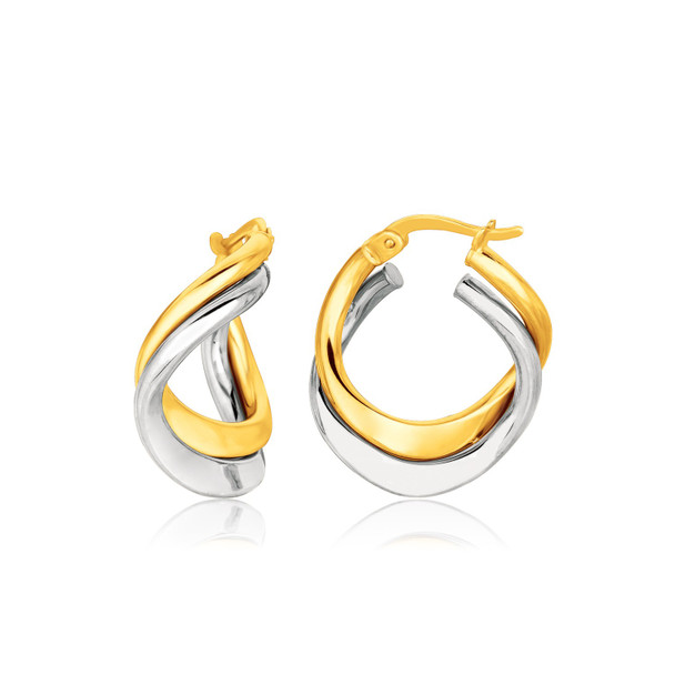<html><head></head><body><p>Featuring two polished twisted and entwined hoops crafted in 14k white and yellow gold these beautiful earrings are a feast for the eyes. They come with snap style backings. </p><div></div><div><div><div><table><h5>Product Specifications:</h5><tbody><tr><td> Metal </td><td> Two-Tone Gold </td></tr><tr><td> Metal Stamp</td><td> 14K </td></tr><tr><td> Style Name </td><td> Hoops </td></tr><tr><td> Width </td><td> 0.75 in </td></tr><tr><td> Backing </td><td> Snap Lock </td></tr><tr><td> Length </td><td> 0.88 in </td></tr><tr><td> Approximate Weight </td><td> 2.2 gram(s) </td></tr></tbody></table></div></div></div></body></html>