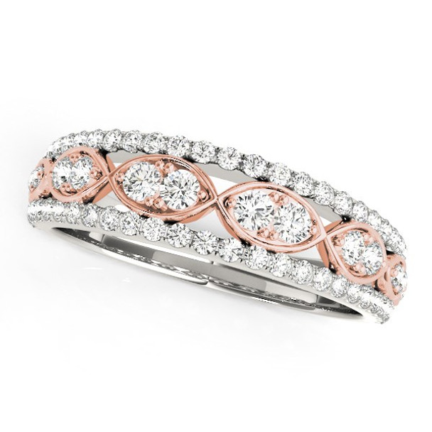 <html><head></head><body><p>Featuring,  double diamonds in each infinity design this diamond wedding band has additional stones on the edges made of 14k white and rose gold.</p><div></div><div><div><div><table><h5>Product Specifications:</h5><tbody><tr><td> Metal </td><td> White & Rose Gold </td></tr><tr><td> Metal Stamp</td><td> 14K </td></tr><tr><td> Setting Type </td><td> Prong|Prongs </td></tr><tr><td> Mincttw </td><td> 0.36 (Diamond) </td></tr><tr><td> Number Of Diamonds </td><td> 68 (Diamond) </td></tr><tr><td> Number of Round Diamonds </td><td> 68 (Diamond) </td></tr><tr><td> Shape </td><td> Round (Diamond) </td></tr><tr><td> Average Color </td><td> I (Diamond) </td></tr><tr><td> Average Clarity </td><td> I1 (Diamond) </td></tr></tbody></table></div></div></div></body></html>