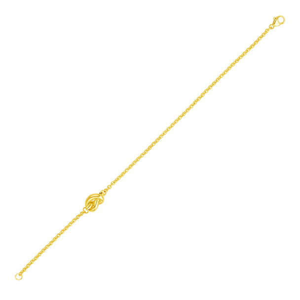 <html><head></head><body><p>This beautifully elegant 14k yellow gold bracelet features fine chain combined with a lovely polished knot. Bracelet is 7 inches long and closes with a lobster clasp.</p><div></div><div><div><div><table><h5>Product Specifications:</h5><tbody><tr><td> Metal </td><td> Yellow Gold </td></tr><tr><td> Metal Stamp</td><td> 14K </td></tr><tr><td> Style Name </td><td> Fancy </td></tr><tr><td> Chain Type </td><td> Link </td></tr><tr><td> Clasp </td><td> Lobster Clasp </td></tr><tr><td> Approximate Weight </td><td> 2 gram(s) </td></tr></tbody></table></div></div></div></body></html> <html><head></head><body><p>This beautifully elegant 14k yellow gold bracelet features fine chain combined with a lovely polished knot. Bracelet is 7 inches long and closes with a lobster clasp.</p><div></div><div><div><div><table><h5>Product Specifications:</h5><tbody><tr><td> Metal </td><td> Yellow Gold </td></tr><tr><td> Metal Stamp</td><td> 14K </td></tr><tr><td> Style Name </td><td> Fancy </td></tr><tr><td> Chain Type </td><td> Link </td></tr><tr><td> Clasp </td><td> Lobster Clasp </td></tr><tr><td> Approximate Weight </td><td> 2 gram(s) </td></tr></tbody></table></div></div></div></body></html>