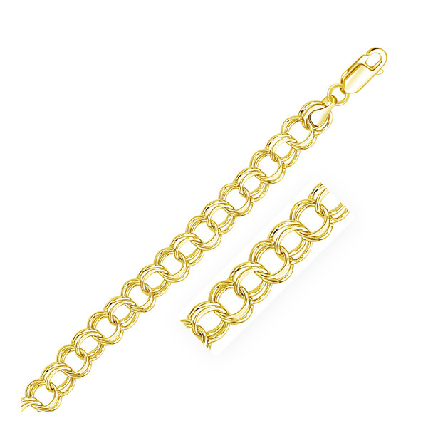 <html><head></head><body><p>This solid double link charm bracelet is crafted in glistening 14k yellow gold and has a width of 9.0 millimeters.</p><div></div><div><div><div><table><h5>Product Specifications:</h5><tbody><tr><td> Metal </td><td> Yellow Gold </td></tr><tr><td> Metal Stamp</td><td> 14K </td></tr><tr><td> Style Name </td><td> Charm </td></tr><tr><td> Width </td><td> 0.35 in </td></tr><tr><td> Chain Type </td><td> Link </td></tr><tr><td> Clasp </td><td> Lobster Clasp </td></tr><tr><td> Approximate Weight </td><td> 10.5 gram(s) </td></tr></tbody></table></div></div></div></body></html>