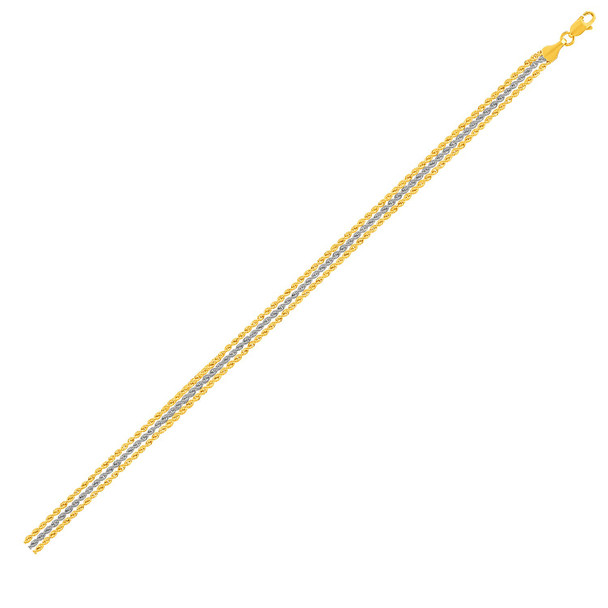<html><head></head><body><p>Three fine strands of gold rope chain combine in one elegant bracelet. Secured with a lobster clasp.</p><div></div><div><div><div><table><h5>Product Specifications:</h5><tbody><tr><td> Metal </td><td> Two-Tone Gold </td></tr><tr><td> Metal Stamp</td><td> 10K </td></tr><tr><td> Style Name </td><td> Fancy </td></tr><tr><td> Width </td><td> 0.25 in </td></tr><tr><td> Chain Type </td><td> Strand </td></tr><tr><td> Clasp </td><td> Lobster Clasp </td></tr><tr><td> Approximate Weight </td><td> 1.9 gram(s) </td></tr></tbody></table></div></div></div></body></html>