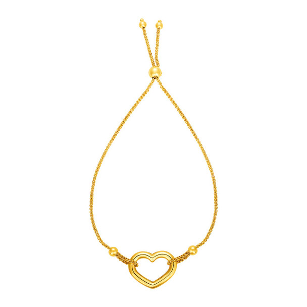<html><head></head><body><p>A classic expression of friendship and love,  this adjustable gold friendship bracelet features a shiny open heart. Bracelet is 9 1/4 inches long and adjusts with a drawstring clasp.</p><div></div><div><div><div><table><h5>Product Specifications:</h5><tbody><tr><td> Metal </td><td> Yellow Gold </td></tr><tr><td> Metal Stamp</td><td> 14K </td></tr><tr><td> Style Name </td><td> Fancy </td></tr><tr><td> Chain Type </td><td> Adjustable </td></tr><tr><td> Clasp </td><td> Draw String Clasp </td></tr><tr><td> Approximate Weight </td><td> 2.8 gram(s) </td></tr></tbody></table></div></div></div></body></html> <html><head></head><body><p>A classic expression of friendship and love,  this adjustable gold friendship bracelet features a shiny open heart. Bracelet is 9 1/4 inches long and adjusts with a drawstring clasp.</p><div></div><div><div><div><table><h5>Product Specifications:</h5><tbody><tr><td> Metal </td><td> Yellow Gold </td></tr><tr><td> Metal Stamp</td><td> 14K </td></tr><tr><td> Style Name </td><td> Fancy </td></tr><tr><td> Chain Type </td><td> Adjustable </td></tr><tr><td> Clasp </td><td> Draw String Clasp </td></tr><tr><td> Approximate Weight </td><td> 2.8 gram(s) </td></tr></tbody></table></div></div></div></body></html>