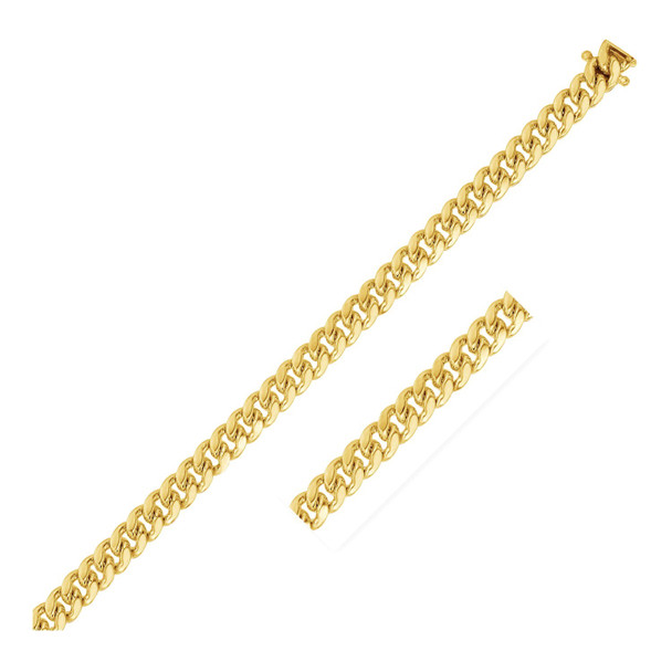 <html><head></head><body><p>This Classic Miami Cuban solid bracelet comes in 10k yellow gold and has a width of 5.0 millimeters. Secured with a box clasp.</p><div></div><div><div><div><table><h5>Product Specifications:</h5><tbody><tr><td> Metal </td><td> Yellow Gold </td></tr><tr><td> Metal Stamp</td><td> 10K </td></tr><tr><td> Style Name </td><td> Miami Cuban, </td></tr><tr><td> Chain Type </td><td> Link </td></tr><tr><td> Clasp </td><td> Box Clasp </td></tr><tr><td> Adjustable Size </td><td> Link </td></tr><tr><td> Approximate Weight </td><td> 15.5 gram(s) </td></tr></tbody></table></div></div></div></body></html>