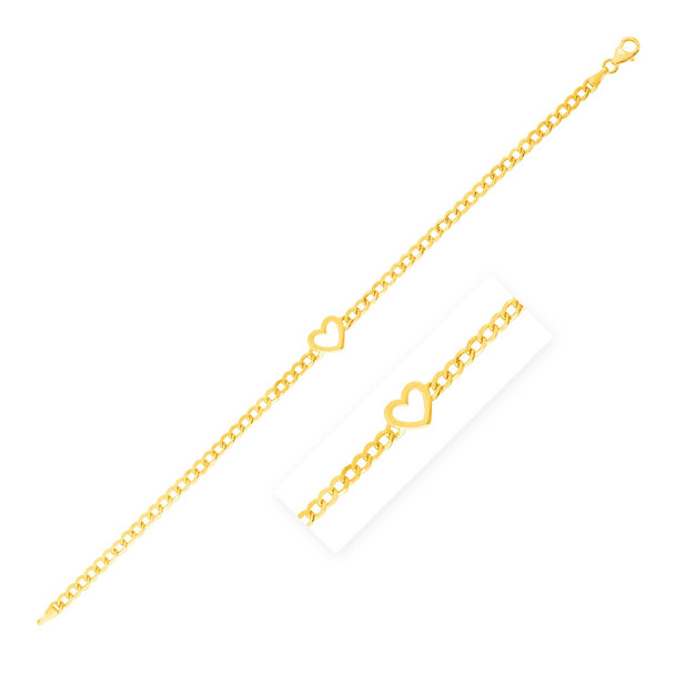 <html><head></head><body><p>A single polished heart adorns lovely curb chain in this exquisite 14k yellow gold bracelet. Bracelet is 7 inches long and closes with a lobster clasp.</p><div></div><div><div><div><table><h5>Product Specifications:</h5><tbody><tr><td> Metal </td><td> Yellow Gold </td></tr><tr><td> Metal Stamp</td><td> 14K </td></tr><tr><td> Style Name </td><td> Curb&44;Fancy&44;Link </td></tr><tr><td> Chain Type </td><td> Curb </td></tr><tr><td> Clasp </td><td> Lobster Clasp </td></tr><tr><td> Approximate Weight </td><td> 2.3 gram(s) </td></tr></tbody></table></div></div></div></body></html>