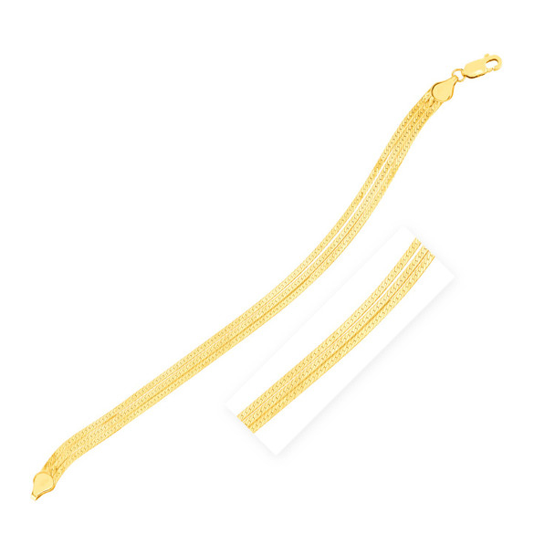 <html><head></head><body><p>The timeless versatility of herringbone chain meets the opulence of stunning 14k yellow gold in this elegant three-strand bracelet. Bracelet is 7 inches long and closes with a lobster clasp.</p><div></div><div><div><div><table><h5>Product Specifications:</h5><tbody><tr><td> Metal </td><td> Yellow Gold </td></tr><tr><td> Metal Stamp</td><td> 14K </td></tr><tr><td> Style Name </td><td> Fancy&44;Herringbone </td></tr><tr><td> Chain Type </td><td> Herringbone </td></tr><tr><td> Clasp </td><td> Lobster Clasp </td></tr><tr><td> Approximate Weight </td><td> 4.2 gram(s) </td></tr></tbody></table></div></div></div></body></html> <html><head></head><body><p>The timeless versatility of herringbone chain meets the opulence of stunning 14k yellow gold in this elegant three-strand bracelet. Bracelet is 7 inches long and closes with a lobster clasp.</p><div></div><div><div><div><table><h5>Product Specifications:</h5><tbody><tr><td> Metal </td><td> Yellow Gold </td></tr><tr><td> Metal Stamp</td><td> 14K </td></tr><tr><td> Style Name </td><td> Fancy&44;Herringbone </td></tr><tr><td> Chain Type </td><td> Herringbone </td></tr><tr><td> Clasp </td><td> Lobster Clasp </td></tr><tr><td> Approximate Weight </td><td> 4.2 gram(s) </td></tr></tbody></table></div></div></div></body></html>