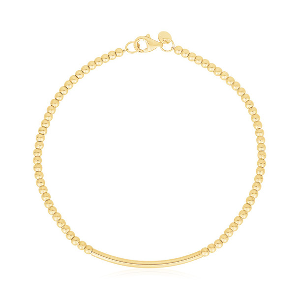 <html><head></head><body><p>This Bead Bar bracelet is a unique addition to complete that certain style. Crafted in 14k yellow gold with a high polish finish & a lobster clasp closure. Available in a 7 inches length.</p><div></div><div><div><div><table><h5>Product Specifications:</h5><tbody><tr><td> Metal </td><td> Yellow Gold </td></tr><tr><td> Metal Stamp</td><td> 14K </td></tr><tr><td> Style Name </td><td> Fancy </td></tr><tr><td> Width </td><td> 0.12 in </td></tr><tr><td> Chain Type </td><td> Bead </td></tr><tr><td> Clasp </td><td> Lobster Clasp </td></tr><tr><td> Approximate Weight </td><td> 4.6 gram(s) </td></tr></tbody></table></div></div></div></body></html>