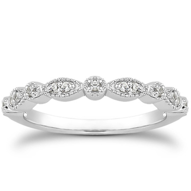 <html><head></head><body><p>The sculptural appeal of this vintage-inspired diamond wedding ring features round, and marquis shapes set with glittering pave diamonds and bordered with milgrain edges. Elegant and sophisticated,  this ring exudes antique charm. The 14k white gold imparts a lustrous sheen.</p><div></div><div><div><div><table><h5>Product Specifications:</h5><tbody><tr><td> Metal </td><td> White Gold </td></tr><tr><td> Metal Stamp</td><td> 14K </td></tr><tr><td> Style Name </td><td> Diamond Accent </td></tr><tr><td> Width </td><td> 2.4 mm </td></tr><tr><td> Mincttw </td><td> 0.13 (Diamond) </td></tr><tr><td> Number Of Diamonds </td><td> 13 (Diamond) </td></tr><tr><td> Shape </td><td> Round (Diamond) </td></tr><tr><td> Average Color </td><td> I (Diamond) </td></tr><tr><td> Average Clarity </td><td> SI2 (Diamond) </td></tr></tbody></table></div></div></div></body></html>