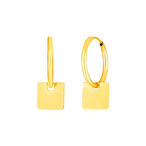 <html><head></head><body><p>Stunning yet simple, these lovely 14k yellow gold hinged hoop earrings feature beautifully polished square drops.</p><div></div><div><div><div><table><h5>Product Specifications:</h5><tbody><tr><td> Metal </td><td> Yellow Gold </td></tr><tr><td> Metal Stamp</td><td> 14K </td></tr><tr><td> Style Name </td><td> Fancy&44;Hoops </td></tr><tr><td> Width </td><td> 0.50 in </td></tr><tr><td> Backing </td><td> Hinged Snap Back </td></tr><tr><td> Length </td><td> 1.00 in </td></tr><tr><td> Approximate Weight </td><td> 0.8 gram(s) </td></tr></tbody></table></div></div></div></body></html>