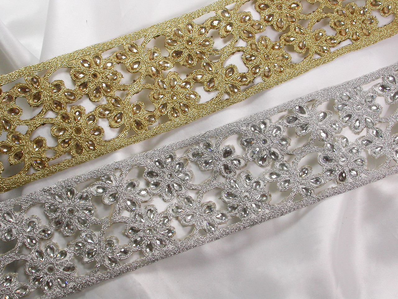 Metallic Beaded Trim 2 3/4" wide (65mm) Silver or Gold