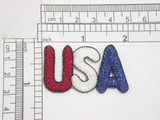 USA Iron On Patch Applique Red White Blue Metallic
Fully Embroidered in Red White & Blue Metallic Thread
Measures 1 7/8" long x 1 1 /16" high
