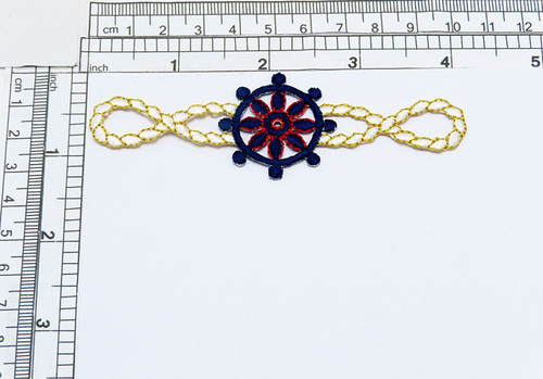 Ships Wheel & Rope nautical Applique

Fully Embroidered

Measures 4" across x  1 1/4" high approximately