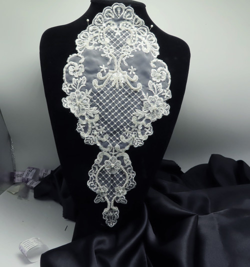 Bridal Applique WHITE Large Embroidered Sheer Beaded