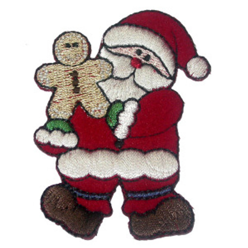 Santa with Gingerbread Man Iron On Patch Applique
  Measures 2 5/8" tall x 2 " wide