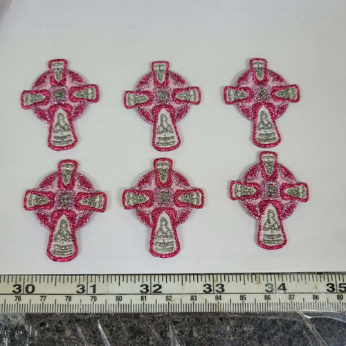 6 x Pink Metallic iron on Celtic Cross Appliques