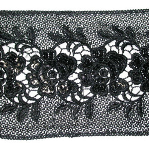 Venise Lace 5 1/2" Black Rose with Seqiuns