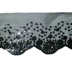 Sheer 4 1/2" Black Sequined Scallop Trim per yard