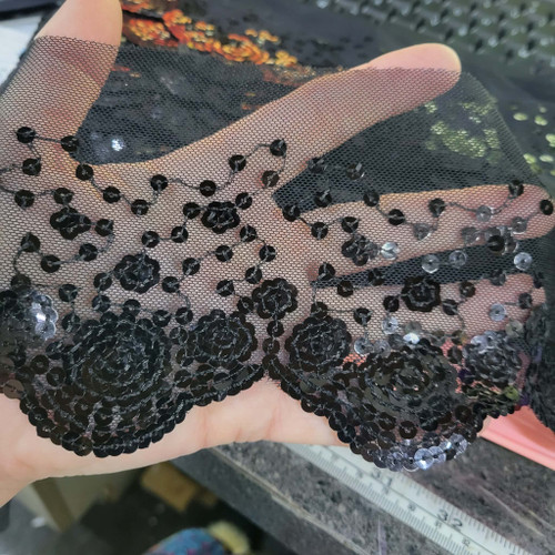 Sheer 4 1/2" Black Sequined Scallop Trim per yard