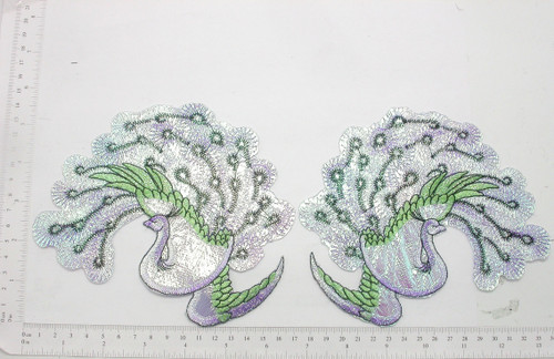 Peacock L&R Opalescent Pair Iron On Patch Appliques 
Left & Right Each Measures 6 1/4" across x 5 1/8" high