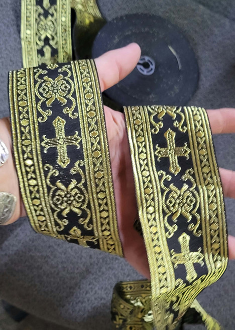 2.25" Wide Black & Metallic Gold Jacquard Ribbon Goth per yard