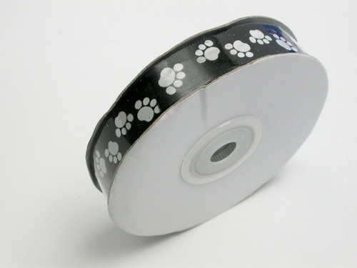 Satin Ribbon 5/8" (15.8mm) Black with White Paw Prints 25 Yards