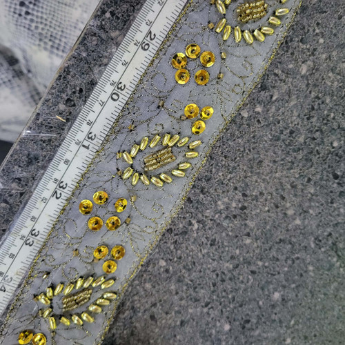 Sheer Embroidered 1 7/8" Beaded Gray & Gold Per Yard
