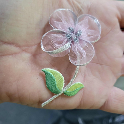 12 x  Pink Organza Flower on Stem Iron On Patch Applique