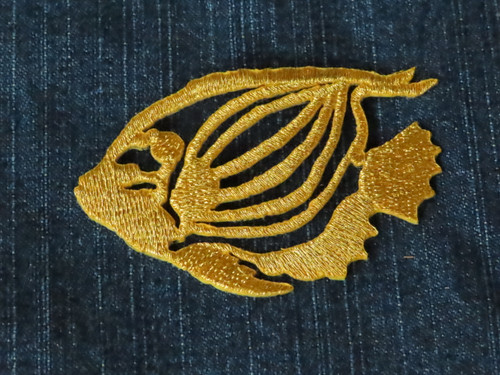 Marine Fish Metallic Gold Iron On Patch
 Measures 3 1/8" across x 2" high