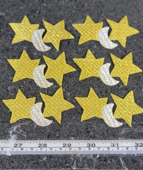 Celestial Night Sky  Moon & Stars  Iron On Patch: Embroidered 3 1/8" across metallic