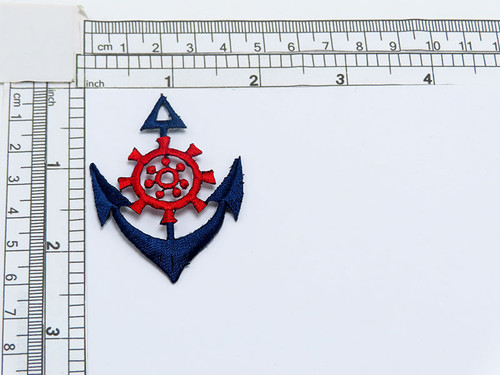 Navy Blue  Anchor Red Ship Wheel Applique
Fully Embroidered
Measures 1 3/4" across x 2 1/4" high
