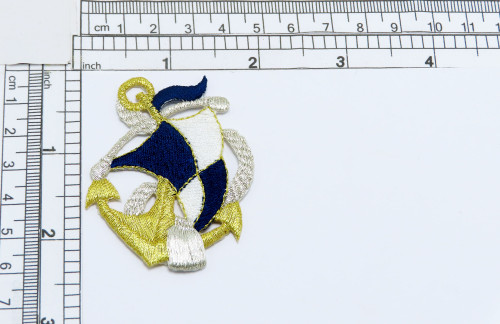 Anchor with Sail 2 3/8" high Navy
Fully Embroidered 
Measures 1 3/4" across x 2 3/8" high