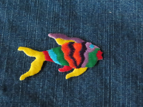 Saltwater Fish Striped Multi Color Iron On Applique 
Fully Embroidered
Measures 3 3/8" long  x 2 1/4" high
