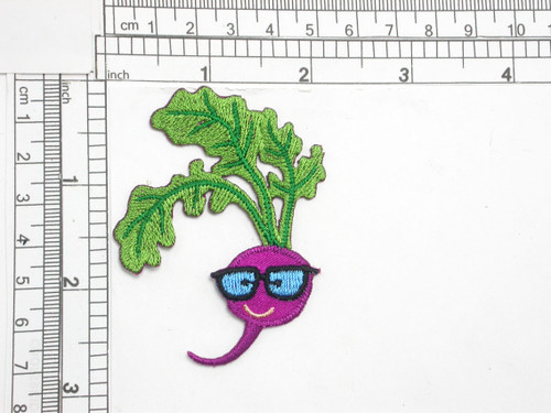 Beet with Groovy Sunglasses Iron On Patch Applique 
Measures 2 3/4" high x 2 1/8" wide approximately